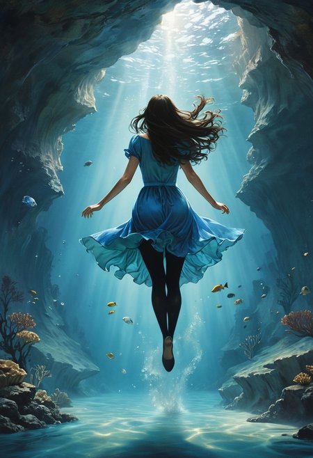 (water-colored), illustration, style of Jessica Galbreth,
(far view, far shot, rear view, facing away:1.3),
(Alice, very long dark brown hair,  hair rim lighting, hair in the wind, blue maid dress with short sleeves, black tights, black shoes:1.5), 
fog, dreamy, dream, coral, fish, sea weed
(woman jumping, cave, under water:2)
