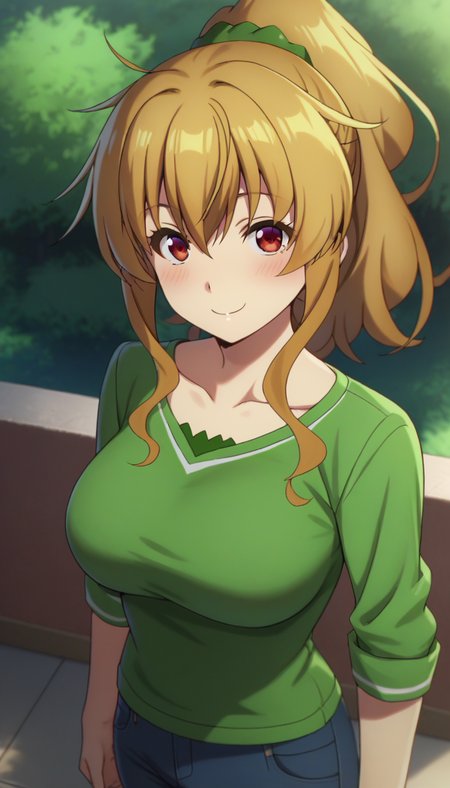 score_9,score_8_up,masterpiece,best quality,correct anatomy,anime_source,1girl,solo,perfect eyes,perfect arms,perfect legs,perfect face,outdoors,upper body,(portrait:1.5),looking at viewer,facing viewer,smile,blush,Nanako Kogure,long hair,brown hair,high ponytail,shiny hair,hair intakes,hair ornament,hair scrunchie,green scrunchie,sidelocks,hair between eyes,bangs,red eyes,collarbone,green shirt,long sleeves,large breasts,jeans,pants rolled up,loafers,<lora:Nanako Kogure(bnr)-Pony:1.8>,