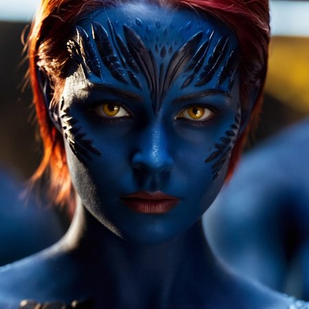 cinematic film still of  <lora:Mystique X-Men:1>
Mystique X-Men a closeup of a woman with red hair and yelloweyes and blue body, shallow depth of field, vignette, highly detailed, high budget, bokeh, cinemascope, moody, epic, gorgeous, film grain, grainy