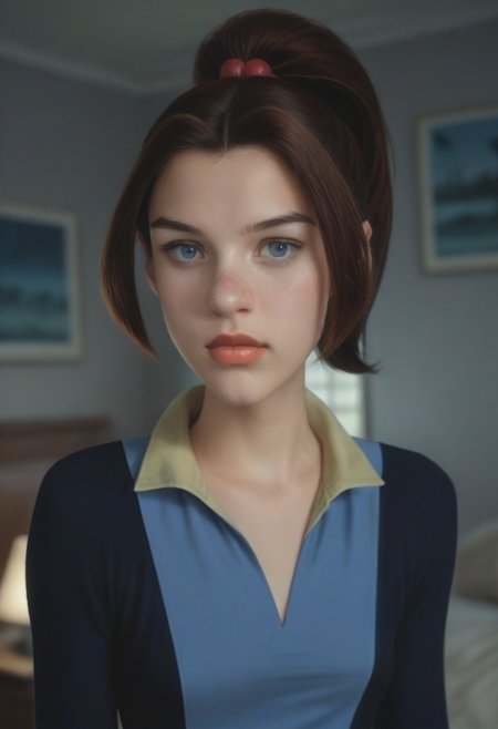 score_9, score_8_up, score_7_up, realistic photo of ktprd, 18-year-old 1girl, unique angle, unique framing, upper body,  face focus, (looking at viewer), parted lips, 1girl, brown hair, high ponytail, orange lips, blue eyes, hero bodysuit, yellow belt, by loish, masterpiece, lips parted, slim figure, petite, (indoors, sci-fi room, meta walls, blurred background, shadowed background), side lighting, warm lights