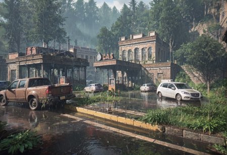,ruanyi0763,outdoors,tree,building,ruins,gas station,,ruanyi0714,water drop,rain,<lora:0763 post apocalypse_v1_pony:0.9>,<lora:0714 rainy day_v1_pony:1>, score_9,score_8_up,score_7_up,,8k,1girl,solo,