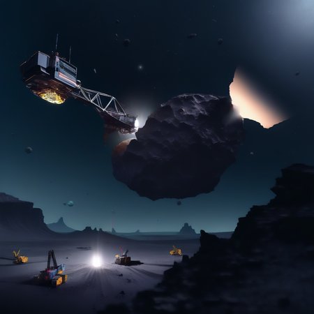 In the mining operation within Odysset's rings, massive platforms and interconnected structures sprawl across the cosmic expanse. Bright floodlights cut through the darkness, revealing workers clad in rugged space suits maneuvering among towering cranes and robotic arms. Transport vessels dart back and forth against the backdrop of the star-studded void, ferrying payloads of ore to processing facilities stationed on nearby asteroids. The scene is a symphony of activity amidst the celestial silence, with the distant glow of the planet Odysset providing a serene backdrop to the bustling industrial operation., BREAK, (sci-fi, futuristic, space, asteroid:1.4), BREAK, <lora:detailed_notrigger:1>,   <lora:Expanse_Science_Fiction_Comic_Style_SDXL:1> expnscom