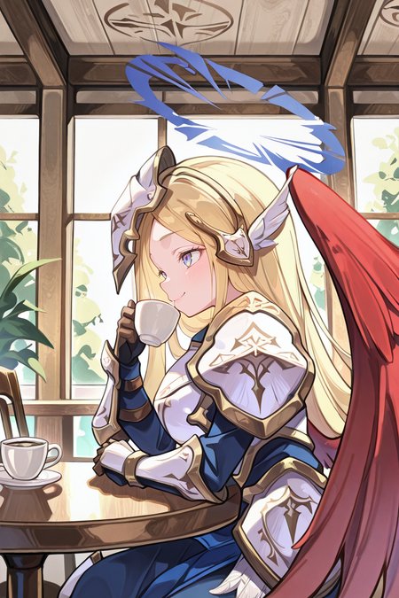 masterpiece, best quality, amazing quality, very aesthetic, absurd, newest, detailed eyes, <lora:illustrious_quality_modifiers_masterpieces_v1:0.8> , solo, <lora:ChamIllustriousBackgroundEnhancer:0.5>, detailed background,       <lora:Kitn_marietta_illust:0.9> , Kitn_marietta_illust, blonde hair, wings, halo, armor, solo, cafe, drinking coffee, interior, interior, sitting, smile, looking at viewer, cowboy shot, large breasts,