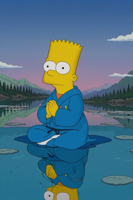 (best quality, high quality:1.2), bart simpson wearing a blue robe meditating in the middle of a lake with hands clasped together praying, scene from the film Spring, Summer, Fall, Winter... and Spring (2003) by Kim ki-duk, (setting sun background)
<lora:bart_simpson_sdxl_v1:0.8>