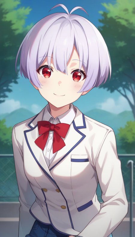 score_9,score_8_up,score_7_up,score_6_up BREAK official art,solo,outdoors,upper body,(portrait:1.5),looking at viewer,facing viewer,smile,blush,Irina Ilyukhina,antenna hair,short hair,light purple hair,hair between eyes,parted bangs,red eyes,school uniform,white jacket,wing collar,blazer,red necktie,white shirt,collared shirt,long sleeves,small breasts,denim shorts,short shorts,white socks,loafers,brown footwear,<lora:Irina Ilyukhina(rf)-Pony:1.4>,