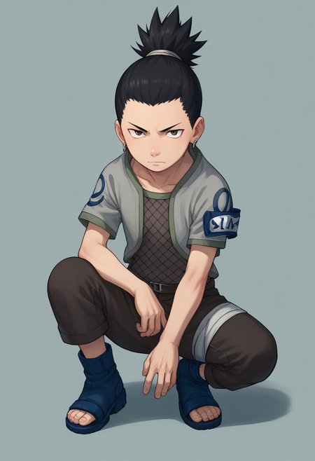 score_9, score_8_up, score_7_up, highly detailed, cute boy, 1boy, solo, young, Shikamaru_Nara, Brown Eyes, Black Hair, Ponytail, Earrings, Grey Jacket, Armband, Fishnet Shirt, Brown Pants, Toeless Footwear