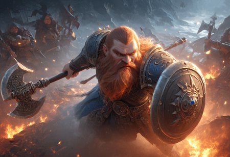 realistic, photorealistic, Expressiveh, score_9, score_8_up, score_7_up, axe and shield,
1boy, solo, Dwarf, short stature, brown hair, old, big nose, going berserk, angry, wielding an axe, 
source_anime, in the fog, silhouette, small village on fire, medieval, feudal, 
from above,