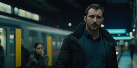 cinematic film still of  <lora:Blade Runner Style:1>
wide view of an ARRIRAW 4K Cinematic Arri Alexa Mini, Zeiss Master Prime Lenses, Panavision, Film Stock Footage of a group of people standing in a train station at night Blade Runner style, shallow depth of field, vignette, highly detailed, high budget, bokeh, cinemascope, moody, epic, gorgeous, film grain, grainy