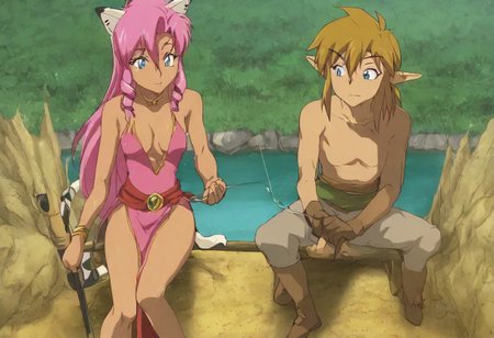 Pink_DragonPink, 1girl, sleeveless dress, white tiger print dress, pelvic curtain, cleavage, white tiger tail, red sash, small breasts, leather shoes, masterpiece, very aesthetic, <lora:pink-illustrious:1>, 
Break
(anime, anime coloring:1.3),1boy,Anime screencap,link (zelda),blonde hair,blue eyes,pointy ears, wearing blue hyilian tunic,
Break
Hyrule field, sunny day, on a lake, sitting at the end of a dock, link (zelda) and Pink_dragonpink fishing at a lake, holding fishing poles, pink_dragonpink pulling up a massive fish from the lake with her fishing pole, link looking at pink in amazement,