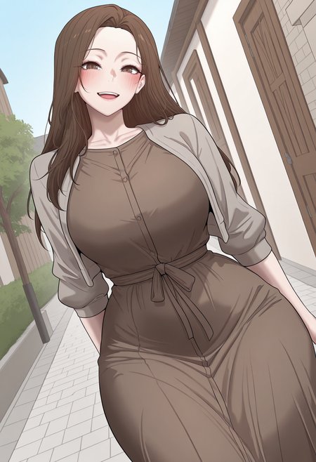 highres, best quality, masterpiece, outdoors,
flat colors,
1girl, solo, crypdahee, long hair, brown hair, brown eyes, mature female, curvy,
grey jacket, open jacket, brown dress,
looking at viewer, blush, smile, upper teeth only, 
standing, dutch angle, cropped jacket, 
<lora:_dahee_life_crypto-elesico-ilxlB-000014:1>
