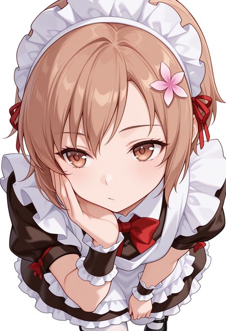Smooth Quality,masterpiece,very intricate, high quality details, ultra realistic, high detailed skin,detailed enviorement,absurdres,
hand on own face,
 <lora:Yukimura_Kusunoki_CNR:0.8> yukimuria_cnr, 1girl, brown hair, short hair, brown eyes,hair flower,maid, maid headdress, apron, dress, white pantyhose,mary janes, shoes,bow,, simple background, white background, from above,solo,, :/,