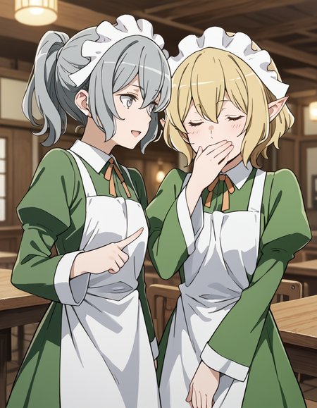 score_9, score_8_up, score_7_up, source_anime, 2girls, blurry background, wooden room, restaurant, BREAK
syr flova, short hair, grey hair, ponytail, hair between eyes, grey eyes,
waitress outfit, maid headdress, neck ribbon, green dress, collared dress, white apron, juliet sleeves, long sleeves,
looking at another, talking, natural, light smile, open mouth, pointing at,
<lora:syr_flova_anime-soralz:0.6>,
BREAK
ryuu lion, short hair, blonde hair, hair between eyes, pointy ears, closed eyes,
waitress outfit, maid headdress, neck ribbon, green dress, collared dress, white apron, juliet sleeves, long sleeves,
looking at another, covering mouth, laughing, closed mouth, head tilt, 
<lora:ryuu_lion_anime_v2-soralz:0.6>