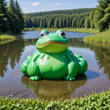 an inflatable frog, lake
