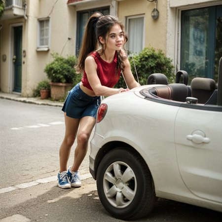 score_9, score_8_up, score_7_up, puthca, half front view of 
(slim 25yo brunette girl) pushing  a convertible car on a busy street in a city. blue short skirt, red top, sneakers
. long ponytail
 <lora:PushCarPony:1>