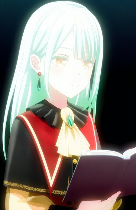 1girl, solo, long_hair, smile, holding, closed_mouth, jewelry, upper_body, yellow_eyes, earrings, book, ascot, holding_book, open_book, reading