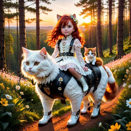 big++ fluffy  white+ cat (dressed in a harness) and a little girl ((sitting on the back of ((big cat))++, red hair, spring forest at sunset. towards the setting sun horizon. girl: (dressed in a long lace dress, wide leather belt, white boots, golden hem)) patterns (flowers), natural leather texture, 24mm, 4k textures, soft cinematic light, Adobe Lightroom, dark room, hdr, complex, elegant, high detail, sharp focus, ( ( ( (look cinematic)) calm tones, crazy detail, complex detail, hyper detail, low contrast, soft cinematic light, dull colors, exposure mixing, HDR, faded