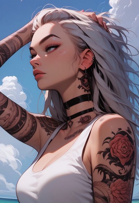 Score_9, Score8_up, Score_7_up, (((High Resolution, Best Quality))), Covered in Tattoos, hand on head, brushing hair behind ear, 
Tanktop, cutoff, choker, 
On a Cliff overlooking a beach, Cloudy Sky,