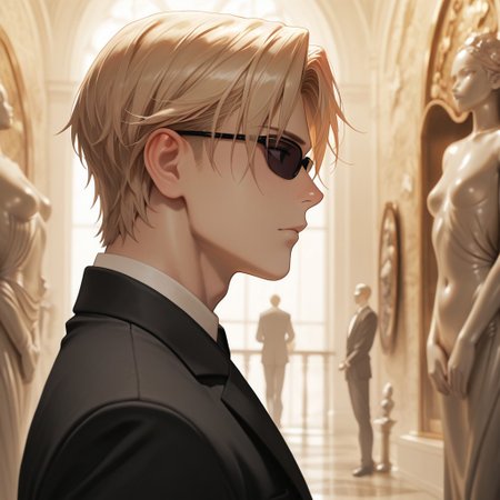 masterpiece, best quality, amazing quality, absurdres, newest, detailed background, definition so sharp, Ultra-HD, 8K cinematic, very awa, impressionate, amazing quality, highres, 
solo, male focus, manly, 
1boy, short hair, izumo_blonde, izumo_brown eyes, izumokusanagi, sunglasses \(on face\), formal wear, suit jacket, buttoned shirt, art gallery, soft ambient light, sculptures, blurred background, refined, sophisticated, thoughtful, aesthetic, profile, looking into distance, calm gaze,