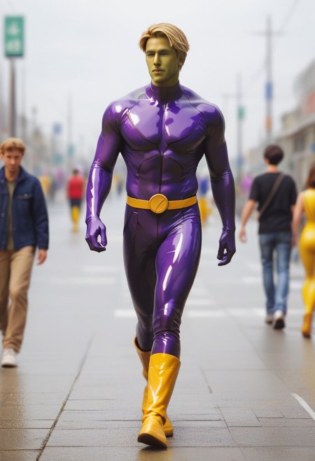 score_9, score_8_up, score_7_up, green face, mature, adult male, colored skin, superhero, latex, short blonde hair male, ((purple bodysuit)), purple superhero, yellow belt, yellow boots, walking, depth of field, 32k UHD resolution, best quality, high quality, full body
