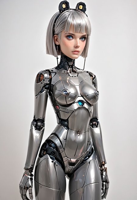 A 35mm photo of a beautiful robotic woman, 25 years old, she has a robotic human head, robot, freckles, silver hair, silver mesh bodysuit, robotic joints, robotic head, robotic implants on head, metallic skin, Silicone face skin, circuity visible under her skin, slim, curvy
Robot girl, Mecha, Android, mechanical limbs, robot joints, metal skin, robotskin