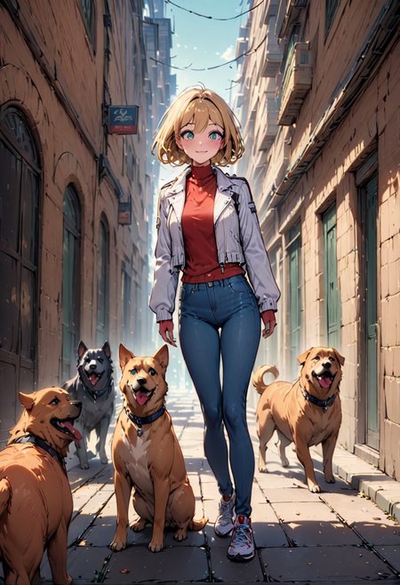 (high quality:1.4), (high resolution:1.3), (incredibly detailed:1.28), cinematic lighting, masterpiece, perfect anatomy,1gentleman and a Female in her 30s, mature woman, blonde hair ,blue-green eyes ,  short cut hair, slim body, smile, red
Tank top, flared jeans, white worn sneakers, thin waist high jacket,
outdoor, running away with their pqck of dogs,  happiness,