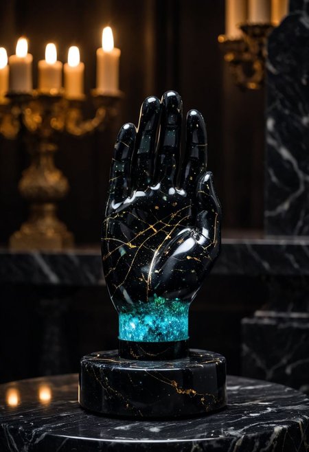Fujifilm XT3, Sony A7 IV, (award winning photography) a (black: 0.89) marble (real Human hand: 1.35) made of opal (Kintsugi: 0.89) set on a pedestal in temple, glistening. in the background beautiful pillars, divine (iridescent: 0.79), opalescent textures, volumetric light, ethereal, sparkling, studio photo, highly detailed, sharp focus (highest quality: 1.39) (highest coherency: 1.39) (award winning photography), highly detailed photography, (muted colors, cinematic, dim colors, soothing tones:1.2), vibrant, insanely detailed, hyperdetailed, (dark shot:1.2), (vsco:0.3), (intricate details:0.9), (hdr, hyperdetailed:1.2) (vignette), sss, raw photo, fijifilm, kodak, cinematic film grain