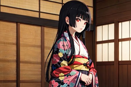 enma_ai short yukata obi, black hair, long hair, indoors, cowboy shot, kimono
