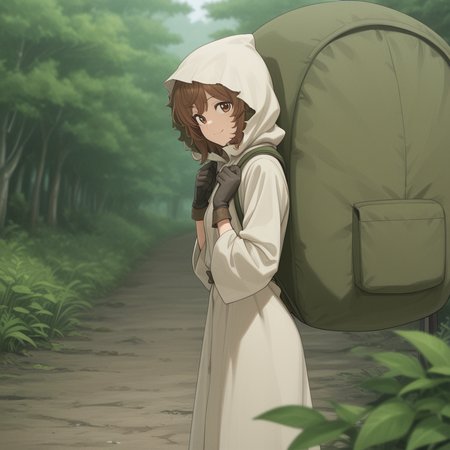masterpiece, best quality, intricate detailed, best resolution, newest, best aesthetic, highres, absurdres, perfect beautiful accurate depth-of-field, l1l1_cloak, 1girl, viewed from the side, outdoors, brown eyes, medium messy brown hair, open cloak, , hood_up, huge backpack, wearing huge backpack, boots, gloves, happy grinning, looking at the viewer