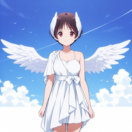 masterpiece, best quality, amazing quality,1girl, solo, love_chunibyo_other_delusions_kumin_tsuyuri, standing, smile, eyes-open, red eyes, short hair, wings, brown hair, single bare shoulder, angel wings, white wings, collarbone, feathered wings, white dress, head wings, breasts, facing viewer, closed mouth, greek clothes, bare shoulders, sky, <lora:Kumin_Tsuyuri:0.7>