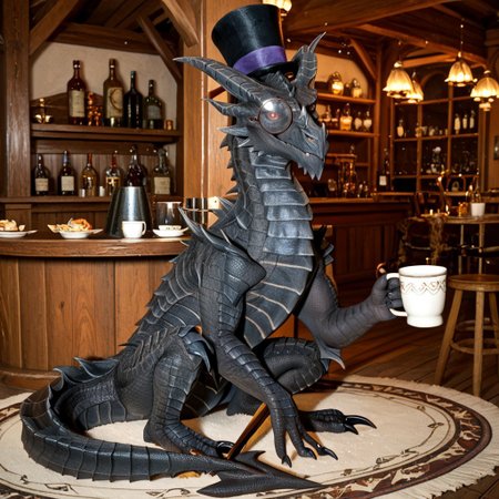 score_9, score_8_up, score_7_up, score_6_up, masterpiece, high quality, realistic, detailed, best quality, solo, rating_safe, source_furry, tavern room, smiling, looking at viewer, behind counter, negative_hand, full body, alduin_skyrim, dragon, black scales, wings, horns, tail, male, 1boy, red sclera, red eyes, wyvern, (no hands, no claws, full body), feral, (monocle, Top hat, round eyewear:1.3),  holding cup of tea, tarven, cup, wood cup