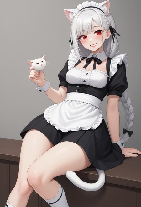 1girl, anime, Whirte hair, braid on the side hair, bangs, medium long hair,  White cat ears, Fluff in ears,  white cat tail,  white skin, small boobs, wide hips, maid outfit , ankle socks, red eyes, semi close eyes , smile, lipstick , blush easynegative,ng_deepnegative_v1_75t