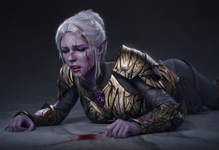 4k, high resolution, dungeon, 1girl, purple skin, white hair, closed eyes, medium natural breasts, brow bleeding, lower lip bleeding, blood on face, unconsious expression, mouth open,
smooth, ((highly detailed)), ((view from side and above)), ((masterpiece)), perfect, highest quality, ((wearing armor)),  female prone on the floor knocked down, uncosious, ragdoll pose,
 Female's helmet andweapon dropped nearby