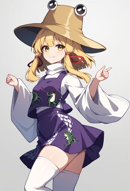 score_9,score_8_up,score_7_up,<lora:touhou_146:1>,1girl, absurdres, animal_print, blonde_hair, closed_mouth, frog_print, grey_background, high-waist_skirt, highres, long_sleeves, looking_at_viewer, medium_hair, moriya_suwako, purple_skirt, purple_vest, ribbon-trimmed_sleeves, ribbon_trim, shirt, simple_background, skirt, smile, solo, thighhighs, turtleneck, vest, white_background, white_shirt, white_thighhighs, wide_sleeves, yellow_eyes