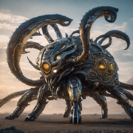((best quality)), ((masterpiece)), ((realistic)), (detailed), Colossal Nocturnal Biomimetic Industrial Irregular, Octopod Bimanual, Multi-Jointed Appendages, nine-Tailed Short-Tailed, Exoskeleton, Dog Ears,  Spiral Horns  , ((masterpiece)), 8K, HDR