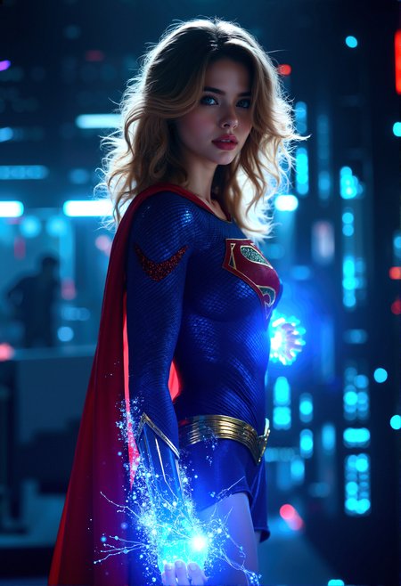 Photorealistic portrayal of Superwoman, her iconic blue and red suit glowing subtly as her body starts to dissolve into streams of digital code, with a backdrop of a dark, neon-lit digital world symbolizing the convergence of heroism and technology.

Superwoman holding a glowing digital artifact in one hand, as her legs dissolve into cascading binary streams, blending her with the surrounding tech environment.



The background circuits softly pulsing with light, creating a rhythm that complements Superwoman’s transformation into digital code and adds a sense of movement to the scene.

A medium shot capturing Superwoman’s upper body, with the focus on the point where her body begins to transform into digital code, while the glowing background adds depth and contrast.

wavy blonde hair,

cinematic lighting, extremely intricate detail character, accurate depiction of character, correct body anatomy, correct hands and fingers, extremely intricate skin and facial texture detail, design,lifelike potrayal, extrememly realistic lighting, extreme dynamic pose, sfw, fully clothes, sharp background detail, wide shot










