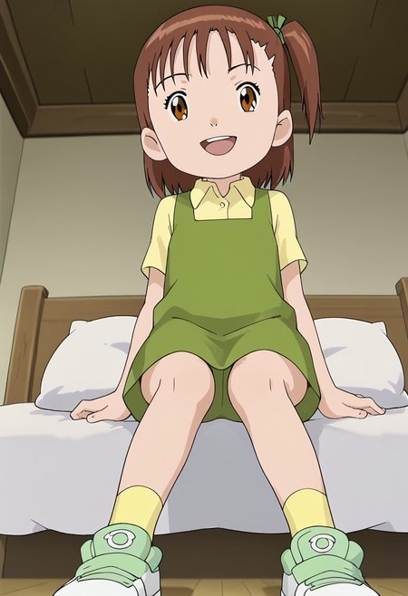 score_9, score_8_up, score_7_up, source_anime, anime screencap, masterpiece, best quality,
(1girl), jerikatou, ((solo, alone)), short petite, small body, flat chest, brown hair, side ponytail, brown eyes, green dress, smile, open mouth, upper teeth, looking at viewer,
BREAK
(yellow collared shirt, shoes, yellow socks), bare legs, upper body,
BREAK
(from below), lying, on back on bed, pillow, indoor, bedroom, window, during the day.