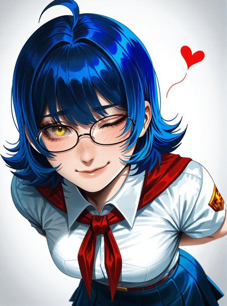 by j.k:0.6, by hoshi san 3:0.1,artist:Sakimichan:0.5, 1girl, solo, zhenya_es, blue hair, short hair, ahoge, glasses, yellow eyes, white collared shirt, red neckerchief, blue skirt, view, leaning forward, high angle, ((one eye closed, white background)), wink, hands behind back, looking at viewer, upper body, mouth closed, floating heart, squinting, (masterpiece),depth of field, (best quality), (ultra-detailed), amazing quality, very aesthetic, illustration, dynamic compostion, from above, dutch angle, perfect composition, absolutely eye cathing,  intricate details, absurdres, incredibly absurdres,   <lora:Zhenya_ES_IL_v1:0.7>