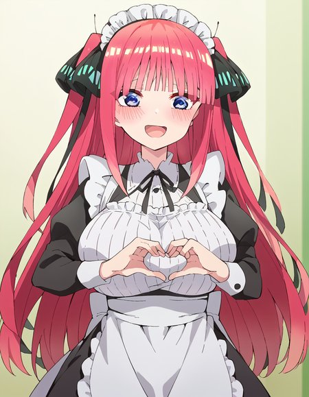 score_9, score_8_up, score_7_up, source_anime, <lora:nnakano-s2-ponyxl-lora-nochekaiser:1>, long hair, bangs, blue eyes, hair ornament, hair ribbon, pink hair, blunt bangs, two side up, butterfly hair ornament, large breasts,, <lora:moe-moe-kyun-ponyxl-lora-nochekaiser:1> heart-shaped boob challenge, moe moe kyun! heart hands, enmaided, maid, maid headdress, apron, maid apron, ,, open mouth, blush, embarrassed, clsoed eyes, smile,, cowboy shot
