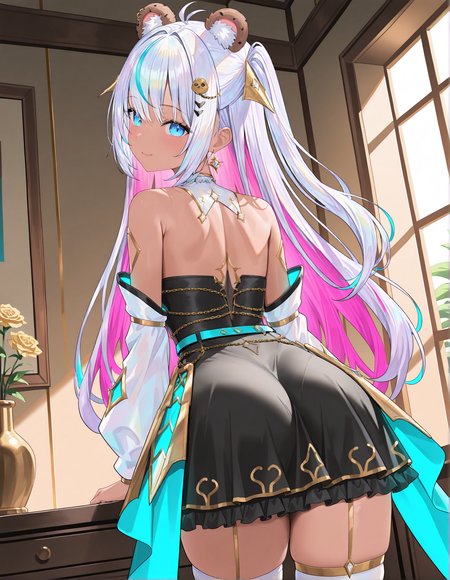 masterpiece, perfect quality, best quality, absolutely eye-catching, absurdres, highres, newest, indoors,  <lora:cookieswirlcillustriousXL:1>, 1girl, cookieswirlc, skirt, cowboy shot, from behind, detached sleeves, smile,