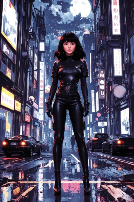 choppy bob brown hair young cyberpunk woman, anime, illustration, cyberpunk, futuristic, extremely detailed, portrait, standing, happy smile, beautiful cyberpunk tokyo buildings landscape, wet floor, windows, car, motorbike, moon in the sky, bright neon lights, screen holograms, kanjis, raytracing, hdr, high contrast, cinematic lights, backlight, reflections, legs, heels, sharp focus, luminous Light Zerg Purple robot glossy brilliant armor, body lights, body circuits, glossy lipstick, necklace, huggie earrings, colorful, retrowave, shadows, vibrant colors, colorful, bright, pretty, beautiful, feminine, sexy, lovely, in love, adorable, fashion, <lora:Hand v2:1> <lora:Anti-Blur:2> <lora:Insane Detail Slider:0.5>  <lora:flux.1_lora_flyway_Epic-detail_v2:0.3><lora:fluxenhancer:0.5> <lora:RetroAnimeFluxV1:0.3> <lora:CPA:0.6> <lora:Luminous_Shadowscape:0.3>  <lora:Neon_Noir_FLUX:0.4> mad-neon-noir  <lora:bv-cybstyenh-v1_rank16_bf16:0.3>
