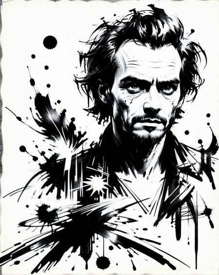 concept art, black and white, black ink and brush style, the face of a 85 year man who has been struggling through the bleak dreary drudgery of life, square shaped face, detailed skin, detailed skin texture, skin pores, vellus hair, crystal clear light grey eyes, (leathery skin, worn damaged skin, thin paper like skin , wrinkled skin, loose skin:1.3) sunken eyes, flat bulbous nose, crooked nose, high cheekbones, (sunken cheeks:1.3), prominent chin, deep worry lines, gaunt, broken, (long hair, full head of hair, thick hair, white hair, wild wiry hair, hair sticks straight up like a mad scientist, unkempt hair:1.3),  (long wiry white beard, messy wild beard, big thick wildly bushy eyebrows, grey eyebrows, thick visible ear hair, long visible nose hair:1.3), thin sunken lips like, has no teeth, (prominent underbite:1.3), it feels like everything and everyone has been trying to drag him down as he just tried his best to get through every damn day, dark, ominous, wrinkled denim jean shirt,   <lora:monochromemuse:0.7> monochromemuse, monochrome, greyscale, ink splatter