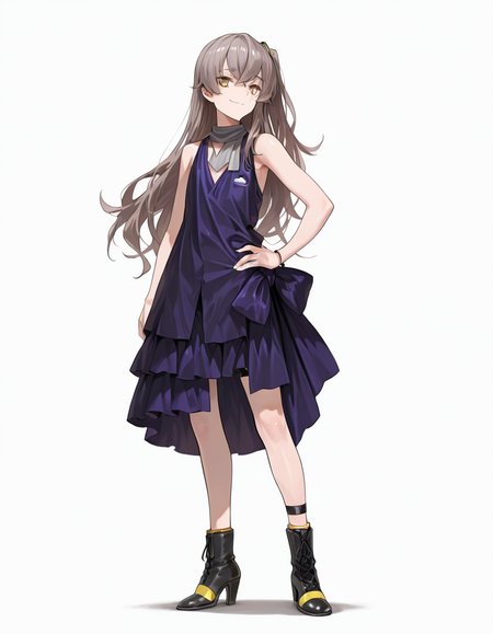 Volumetric Lighting, (masterpiece), (best quality), (ultra-detailed), masterpiece, source_anime, score_9, score_8_up, score_7_up BREAK, illustration, disheveled hair, detailed eyes, perfect composition, moist skin, intricate details, detailed eyes, detailed face, detailed fingers BREAK, UMP45, brown hair, long hair, one side up, yellow eyes, scar across eye BREAK, DiamondFlower, DF_dress, DF_dress_bow, DF_scarf, DF_hair_ribbon, DF_ankle_strap, DF_thigh_strap, DF_bracelet, DF_high_heel_boots BREAK, ((white background)), looking at viewer, smile, closed mouth, standing, shadow, hand on hip