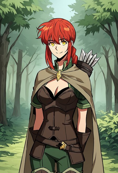 jenna_shirai, red hair, long hair, ponytail, braided ponytail, sidelocks, yellow eyes, freckles,medium breasts, manhwa, webtoon,  armor, cape, ranger_outfit, cleavage cutout, bow in hand, arrows behind back
BREAK
outdoor, forest
BREAK
cowboy shot, looking at viewer, standing,closed mouth, sexy smile, flirty, 
BREAK
score_9, score_8_up, score_7_up, source_anime ,zPDXL, perfect hand ,   <lora:Jenna_Shirai_r2:0.8>