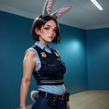 score_9, score_8_up, score_7_up, score_6_up, content_explicit, source_anime, high quality, upper body focus, side view,  high contrast, semi_realistic, 1girl, 18yo, black hair, bob cut, medium perky breasts,green eyes, plump, shiny skin, sidelit,
 1gjudy,police uniform,bulletproof vest,blue leggings,rabbit ears,rabbit tail,
background:indoors, police station, detailed background,