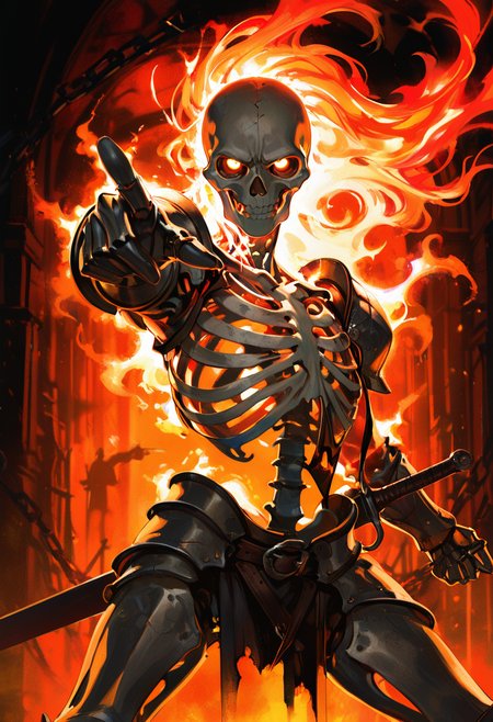embedding:lazypos, skeleton knight, looking at viewer, dynamic pose, dutch pose, pointing at viewer, faint pulses, realistic anime style, neon colors, sharp outlines, rich details,anime style, warm glow, sharp outlines, rich details, dangerous atmosphere, sword behind back, glowing hair, muscular, abs <lora:TrendCraft_The_Peoples_Style_Detailer-v1.0A-3_13_2025-NoobVPRED:0.1>