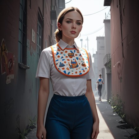 score_7_up, score_8_up, score_9, realistic, studio lighting, best quality, 1girl, stewardess, bib, dark alley,