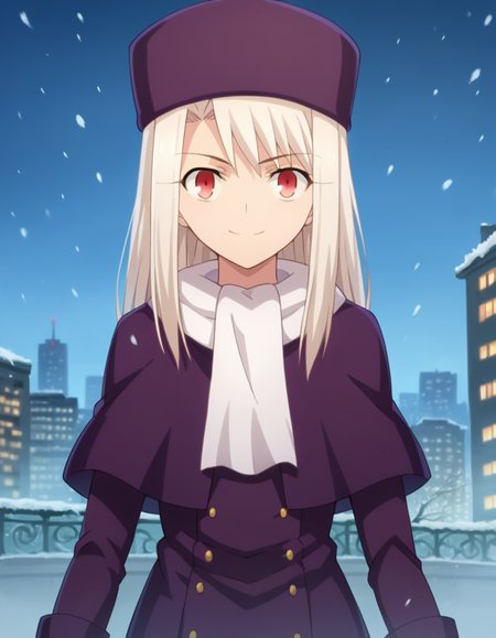 score_9, score_8_up, score_7_up, source_anime, 
illyasvielvoneinzbern, <lora:illyasviel-von-einzbern-ponyxl-lora-nochekaiser:1>, 
illyasviel von einzbern, long hair, red eyes, white hair, smile,
hat, boots, scarf, coat, capelet, white scarf, purple headwear, fur hat, papakha,
outdoors, cityscape, snowing,
looking at viewer, cowboy shot, dutch angle, dynamic pose,