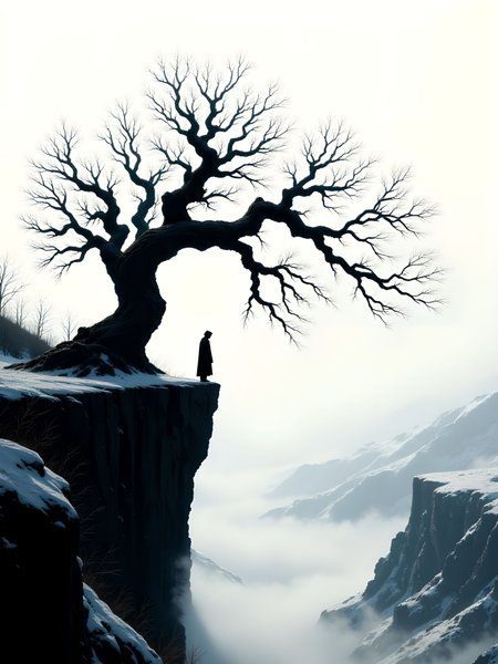 Illustrate a solitary figure standing on the edge of a snow-covered cliff, silhouetted against a misty, white background that enhances their dark outline. To the right, a leafless tree with intricate, sprawling branches reaches outward, with each branch resembling twisted tentacles or outstretched arms. Both the figure and tree are depicted in stark silhouette, creating a serene, mysterious, and melancholic atmosphere. The frost-covered ground beneath them adds to the wintery stillness, and the soft, misty lighting emphasizes the quiet, contemplative mood of the scene. aidmaimageupgrader, aidmaMJ6.1m, detailmaximizer, mythp0rt, drkfnts <lora:aidmaImageUpgrader-FLUX-V0.2:1.0> <lora:flux.1_lora_flyway_Epic-detail_v2:0.8> <lora:aidmaMJ6.1_aidmaMJ6.1-FLUX-v0.4:0.6> <lora:mythp0rt_FluxMythP0rtr4itStyle:0.8> <lora:v1v1dr34m:0.8>