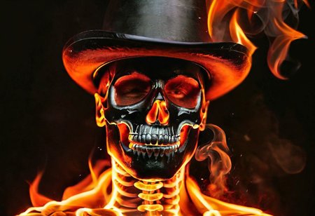 old town, intense fog, midnight light, tall man, Mariachi, black SKULLF4C3XL, black skull tattoo, black facial_tattoo, black skeleton makeup, skull facepaint,  red shining eyes, smoke from the mouth, walking, footprints in fire, (fire element:1.1),composed of fire elements,<lora:xl-shanbailing-1003fire-000010:0.75>,burning,transparency,fire,(molten rock),flame skin,flame print,fiery hair,smoke,cloud