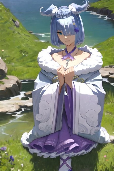 solo, 1girl, solo_focus, (((masterpiece))), ((best quality)), ((ultra-detailed)), high resolution, absurdres, highres, ultra-detailed 8k unity wallpaper, 
elira2st, tiara, japanese clothes, grey kimono, wide sleeves, single thighhigh, purple skirt, off shoulder, necklace, fur trim, thigh strap, tabi, sandals, purple nails